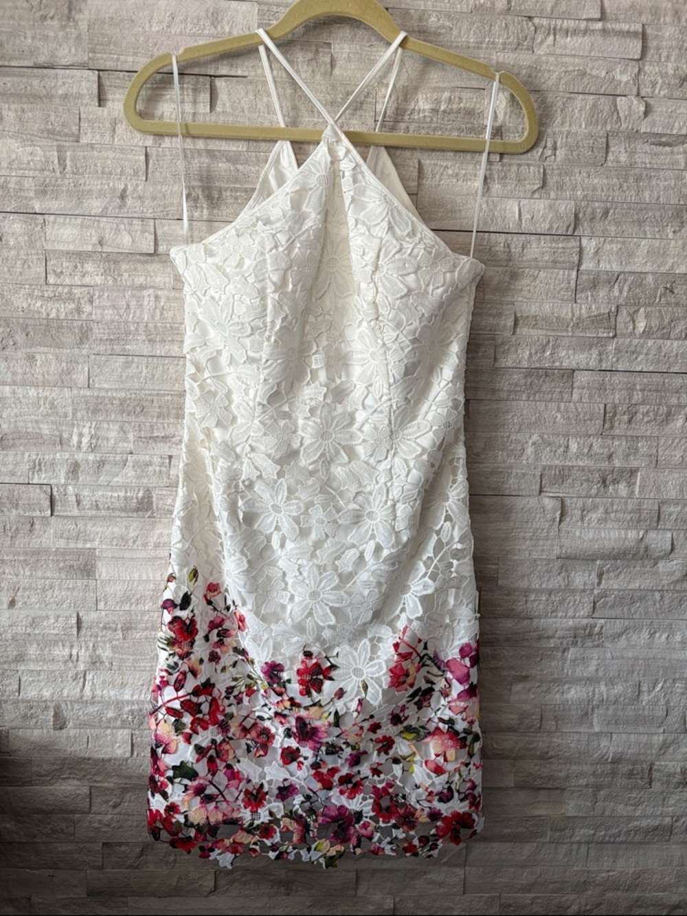 JAYGODFREY White Lace Mini Dress with Pink & Red Floral Hem